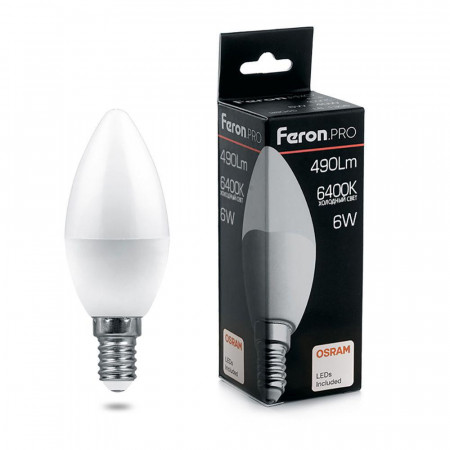 Лампа светодиодная Feron.PRO LB-1306 Свеча E14 6W 6400K OSRAM LED