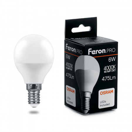 Лампа светодиодная Feron.PRO LB-1406 Шарик E14 6W 4000K OSRAM LED