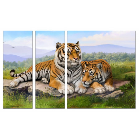 Модульная картина "Тигры на камнях" из 3х частей 80х140 VJ745