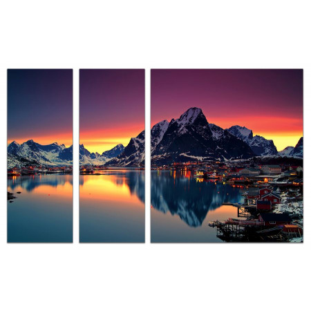Модульные картины из 3х частей "Озеро на фоне гор в лучах заката" 80х140 VJ411
