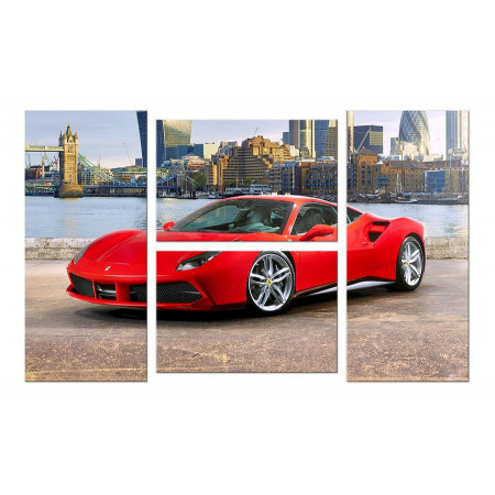 Модульная картина Четверник "Красный спорткар на фоне города" 100х60 W807