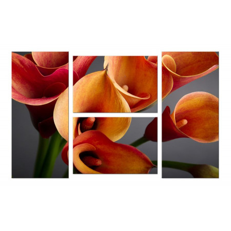 Модульная картина "Оранжево-красные Каллы на сером фоне" четверник 100х60 W541