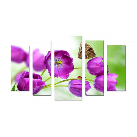 Модульная картина "Бабочка на фиолетовых тюльпанах" 70х120 Ш485