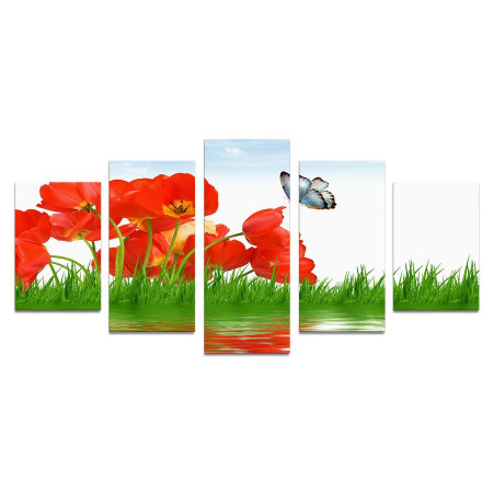 Модульная картина "Бабочки и красные тюльпаны" 110х50 К979