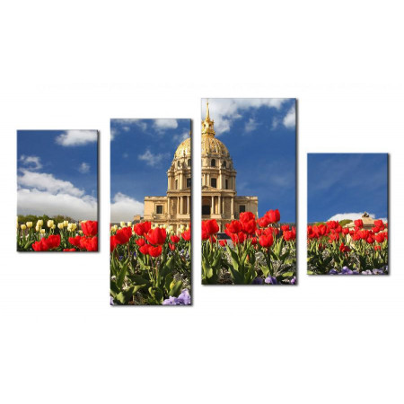 Модульная картина "Лужайка тюльпанов возле собора" 80х130 ЧТ118