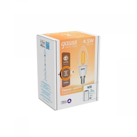 Лампа светодиодная диммируемая филаментная Gauss Smart Home Filament E14 4,5W 2700K прозрачная 1230112
