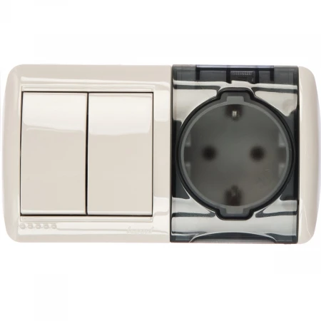 Выключатель двойной и розетка с крышкой Lezard Nata белый горизонталь 710-0200-171