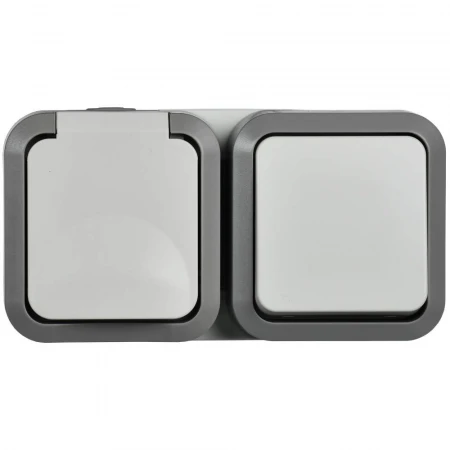 TORS Блок розетка + выключатель горизонтальный 16А IP55 TS242 серо-белый IEK TS-G10-6-55-V-K41