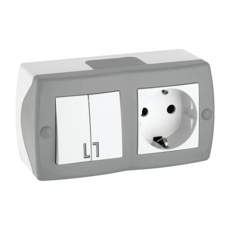 Выключатель - розетка Mono Electric Octans IP20 двухклавишный - 2К+З бело-серый 104-020001-181