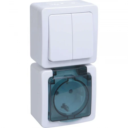 Блок вертикальный для открытой установки БВб-22-32-ГПБд (Выключатель 2-клавишный + розетка 1-местная с заземляющим контактом) IP54 ГЕРМЕС PLUS (белый/