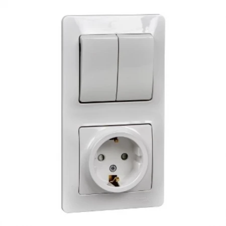 Блок розетка 2К+З -выключатель двухклавишный Systeme Electric Glossa со шторками белый GSL000174