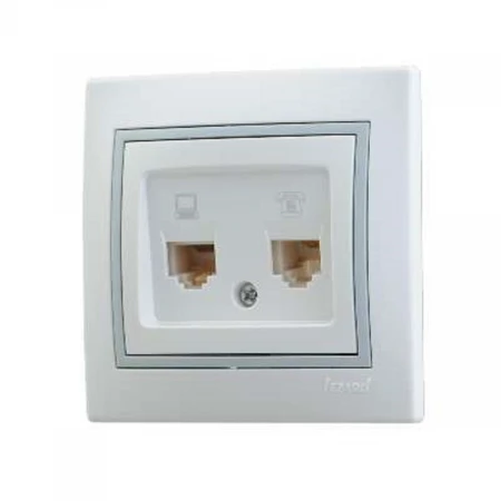 Розетка 2-ая комп. + тел. Lezard Mira белая с сер. вст. 701-0215-143