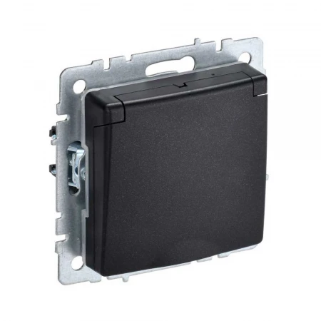 Розетка 2P+PE IEK Brite с крышкой и шторками черная BR-R16-16-K02