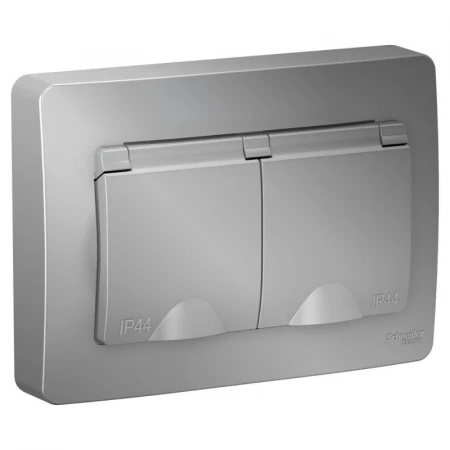 Розетка двойная 2К+З Systeme Electric Blanca 16A 250V со шторками и крышкой алюминий BLNRS441123