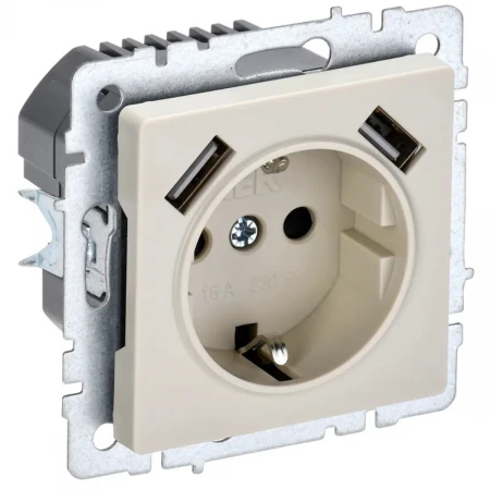 Розетка 1-местная 16А с USB A+A 2.1А IEK Brite с зазем. и защит. шторками РЮш10-1-БрКр бежевая BR-R14-16-U21-D21-K10