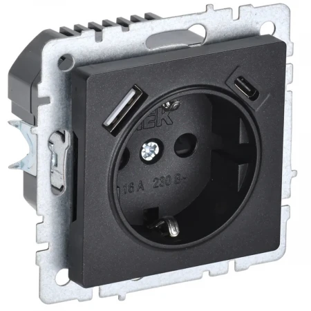 Розетка 1-местная 16А с USB A+С 18 Вт IEK Brite с зазем. и защит. шторками РЮш11-1-БрЧ черная BR-R14-16-U22-018-K02