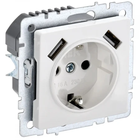 Розетка 1-местная 16А с USB A+A 2.1А IEK Brite с зазем. и защит. шторками РЮш10-1-БрБ белая BR-R14-16-U21-D21-K01