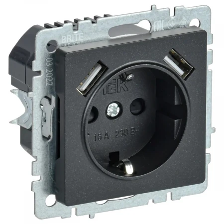 Розетка 1-местная 16А с USB A+A 2.1А IEK Brite с зазем. и защит. шторками РЮш10-1-БрЧ черная BR-R14-16-U21-D21-K02