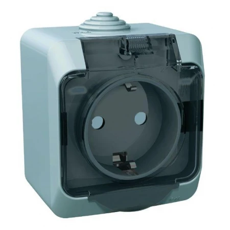 Розетка 2К+З Systeme Electric Этюд 16A 250V со шторками и крышкой серая PA16-044C