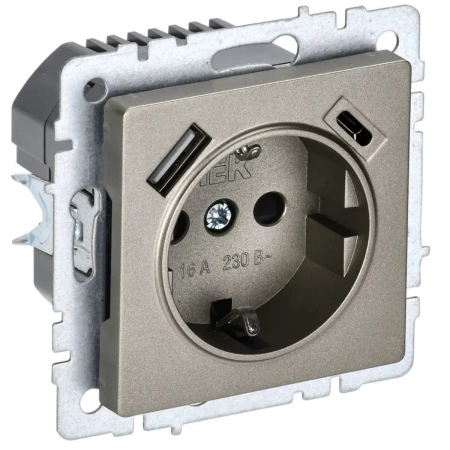Розетка 1-местная 16А с USB A+С 18 Вт IEK Brite с зазем. и защит. шторками РЮш11-1-БрШ шампань BR-R14-16-U22-018-K37