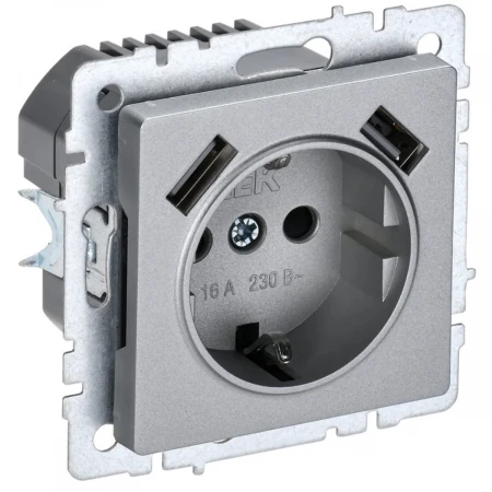 Розетка 1-местная 16А с USB A+A 2.1А IEK Brite с зазем. и защит. шторками РЮш10-1-БрА алюминий BR-R14-16-U21-D21-K47