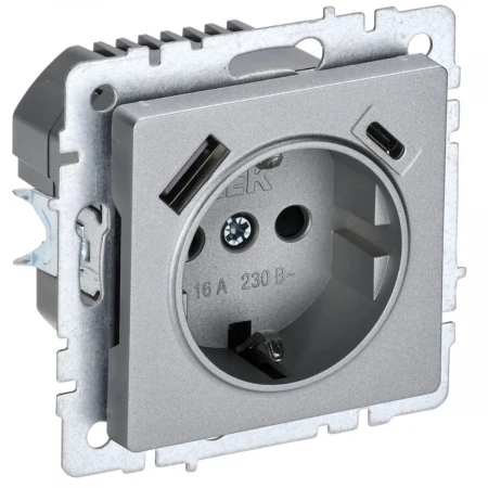 Розетка 1-местная 16А с USB A+С 18 Вт IEK Brite с зазем. и защит. шторками РЮш11-1-БрА алюминий BR-R14-16-U22-018-K47