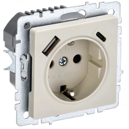 Розетка 1-местная 16А с USB A+С 18 Вт IEK Brite с зазем. и защит. шторками РЮш11-1-БрКр бежевая BR-R14-16-U22-018-K10