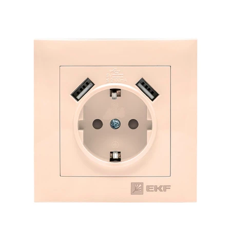 Валенсия розетка 1-местная с/з 16А кремовая с защ. штор. с 2 USB 2,1А EKF PROxima EWR16-028-20-2USB