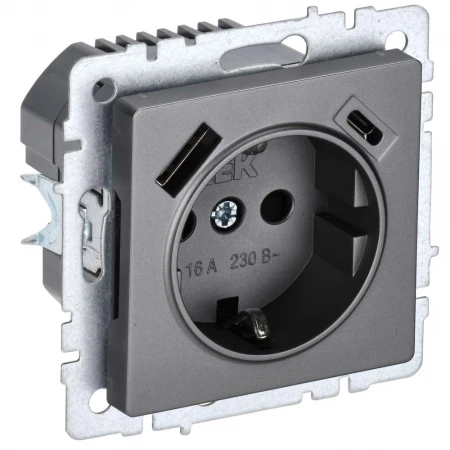 BRITE Розетка 1-местная с заземлением с защитными шторками 16А с USB A+C 18Вт РЮш11-1-БрС сталь IEK BR-R14-16-U22-018-K46
