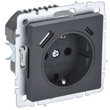 BRITE Розетка 1-местная с заземлением с защитными шторками 16А с USB A+C 18Вт РЮш11-1-БрГ графит IEK BR-R14-16-U22-018-K53