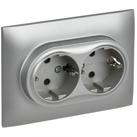 SKANDY Розетка 2-местная с заземлением с защитными шторками 16А в сборе SK-R07S серебряный IEK SK-R24-16-K23-F