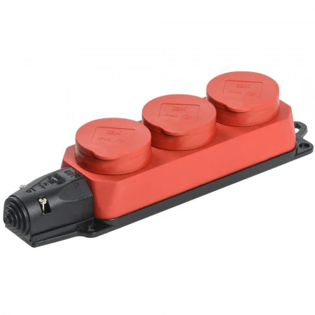 Розетка (колодка) 3-местная РБ33-1-0м с защитными крышками IP44 ОМЕГА каучук красная IEK PKR61-016-2-K04