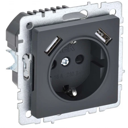 BRITE Розетка 1-местная с заземлением с защитными шторками 16А с USB A+A 5В 2,1А РЮш10-1-БрГ графит IEK BR-R14-16-U21-D21-K53