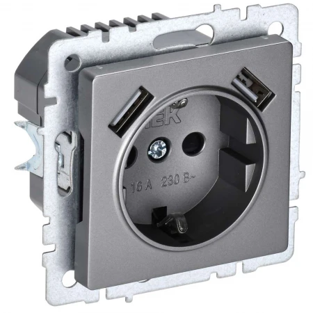 BRITE Розетка 1-местная с заземлением с защитными шторками 16А с USB A+A 5В 2,1А РЮш10-1-БрС сталь IEK BR-R14-16-U21-D21-K46