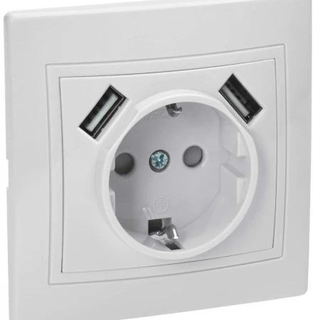 KVARTA Розетка с заземлением с защитными шторками 16А USBх2 2,1А РЮш10-1-КБ белый IEK KV-R14-16-U2-K01