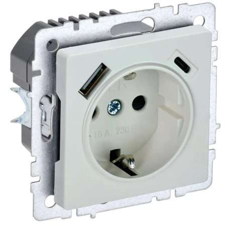 BRITE Розетка 1-местная с заземлением с защитными шторками 16А с USB A+C 18Вт РЮш11-1-БрЖ жемчуг IEK BR-R14-16-U22-018-K36