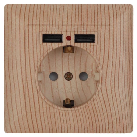 Розетка ЭРА Intro Solo Schuko P+E 16A 250V со шторками 2хUSB дерево 4-410-11 Б0043409