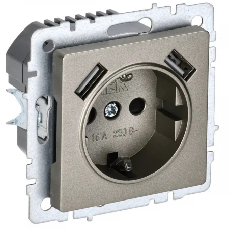 Розетка 1-местная 16А с USB A+A 3.1А IEK Brite с зазем. и защит. шторками РЮш10-2-БрШ шампань BR-R14-16-U21-D31-K37