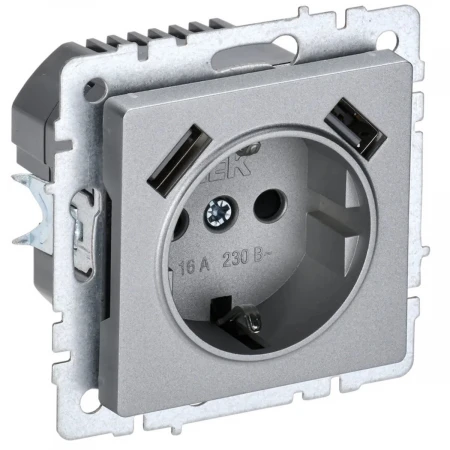 Розетка 1-местная 16А с USB A+A 3.1А IEK Brite с зазем. и защит. шторками РЮш10-2-БрА алюминий BR-R14-16-U21-D31-K47