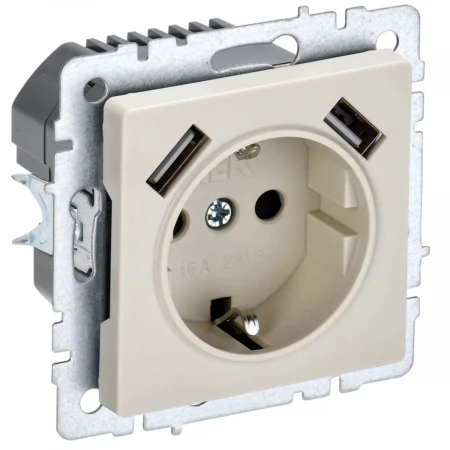 Розетка 1-местная 16А с USB A+A 3.1А IEK Brite с зазем. и защит. шторками РЮш10-2-БрКр бежевая BR-R14-16-U21-D31-K10