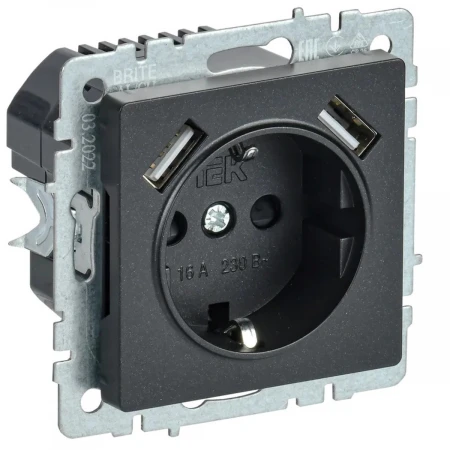 Розетка 1-местная 16А с USB A+A 3.1А IEK Brite с зазем. и защит. шторками РЮш10-2-БрЧ черная BR-R14-16-U21-D31-K02