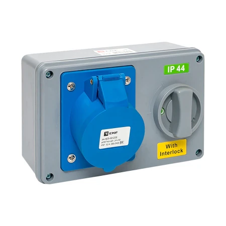 Розетка с блокировкой и выключателем 1423 2Р+РЕ 32А 220В IP44 EKF ps-1423-32-220