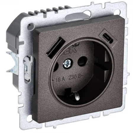 BRITE Розетка 1-местная с заземлением с защитными шторками 16А с USB A+C 18Вт РЮш11-1-БрТБ темная бронза IEK BR-R14-16-U22-018-K45