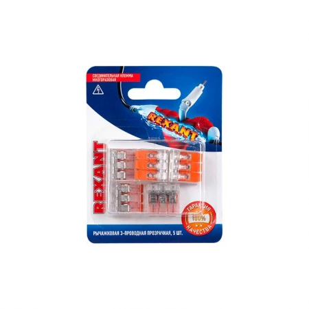 Универсальная компактная клемма СМК 221-413, 3-проводная до 4,0 мм² (блистер 5 шт./уп.) REXANT 06-0217-A5