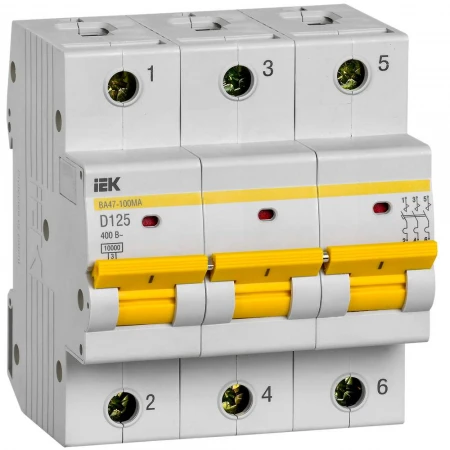 Автоматический выключатель ВА47-100МА без теплового расцепителя 3P 125А 10кА D IEK MVA43-3-125-D